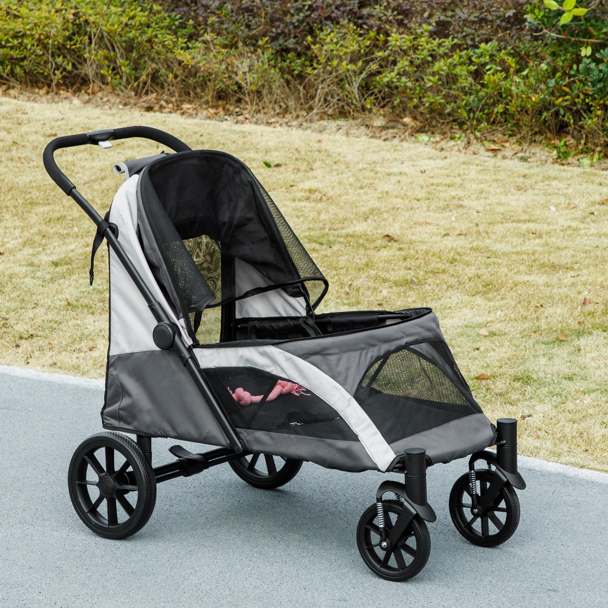 PawHut Easy Folding Pet Stroller for Large Dogs with 4 Big Wheels, Shock Absorb Frame, Safety Leashes, Brakes, Dark Grey