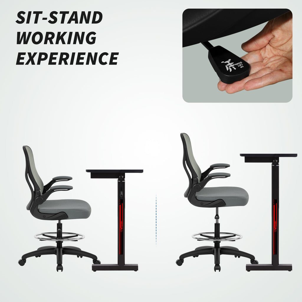 Vinsetto Drafting Chair, Ergonomic Tall Office Chair with Flip-up Armrests, Mesh Back, Lumbar Support, Adjustable Height and Foot Ring, Swivel Wheels, for Standing Desk, Charcoal Grey