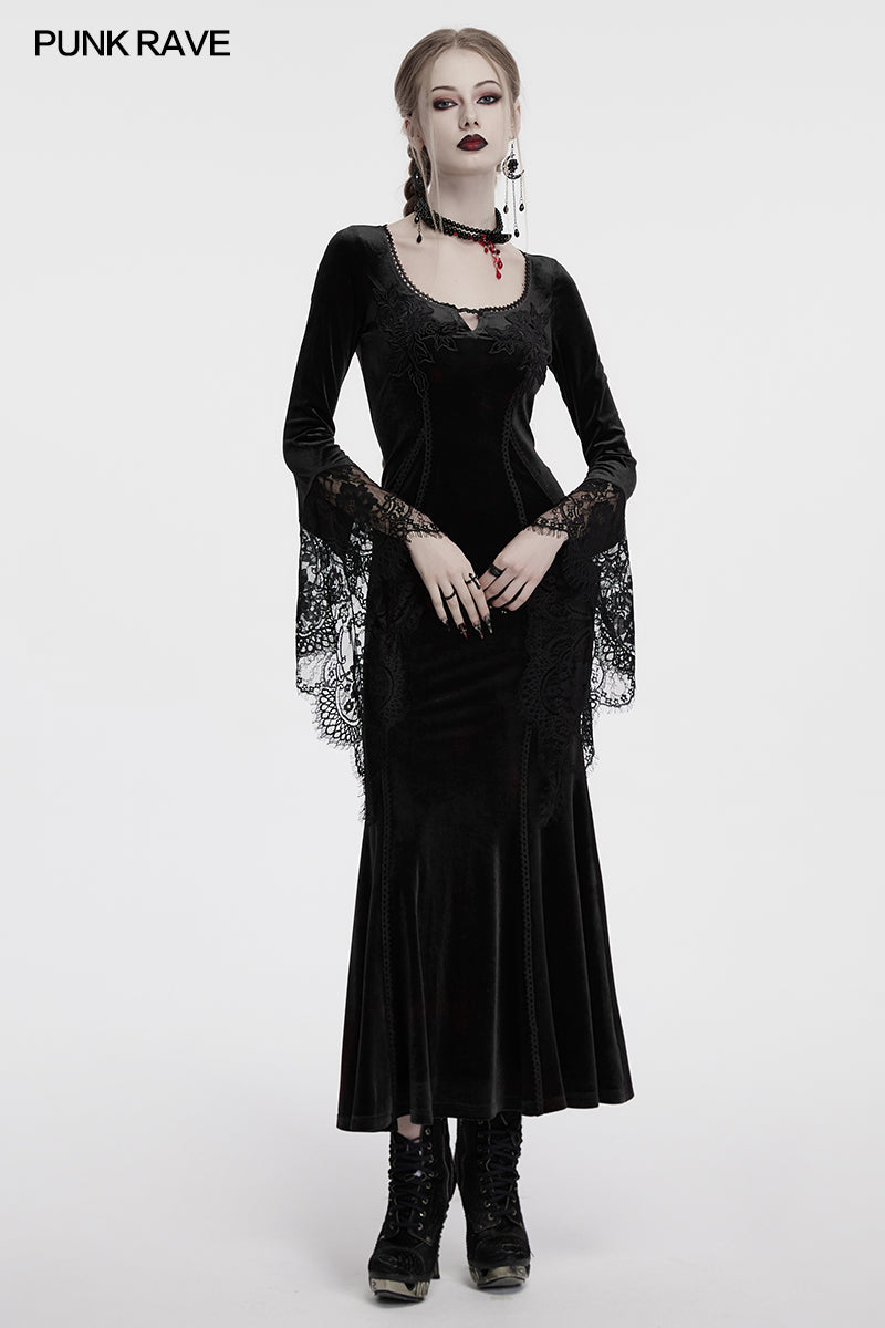 Punk Rave Isolde Velvet Lace Sleeve Dress in Black