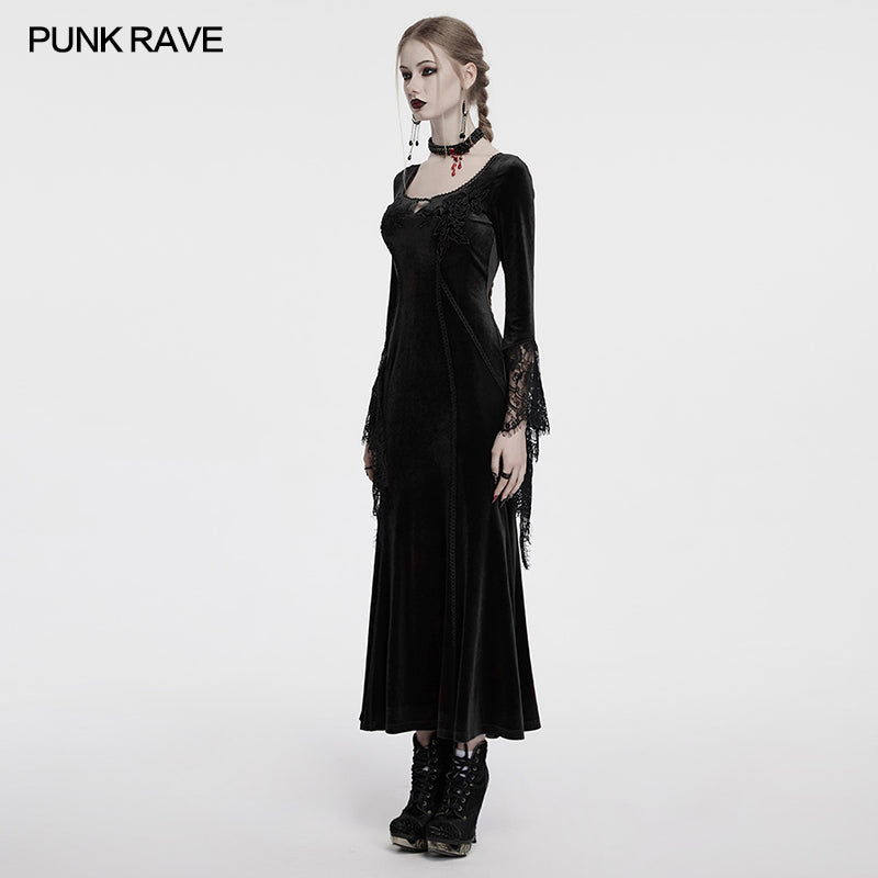 Punk Rave Isolde Velvet Lace Sleeve Dress in Black