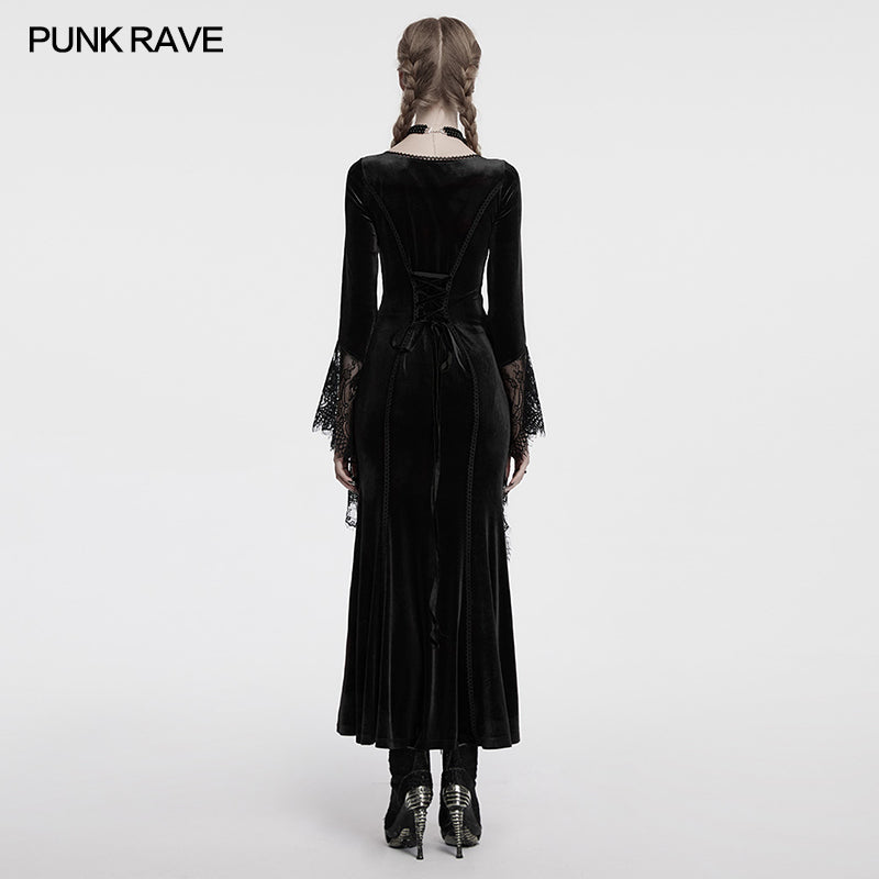 Punk Rave Isolde Velvet Lace Sleeve Dress in Black