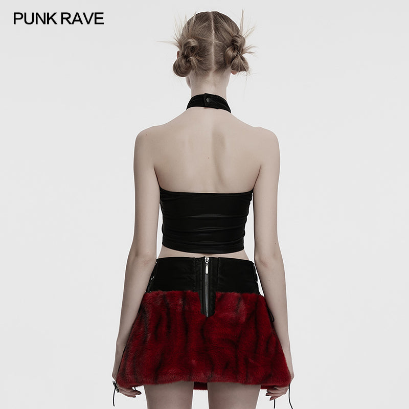 Punk Rave Valora Cross Fur Halter Top in Crimson