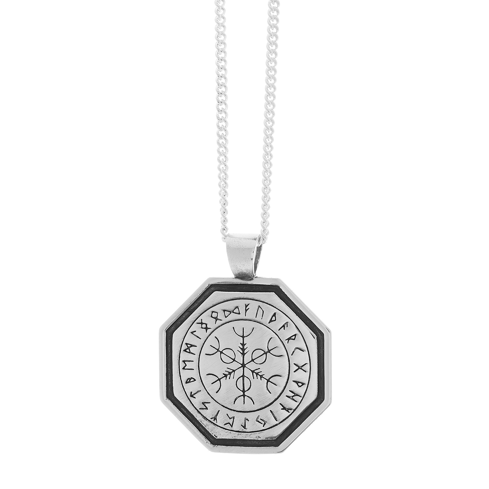 Octagon Vegvisir Viking Rune Personalised Silver Necklace