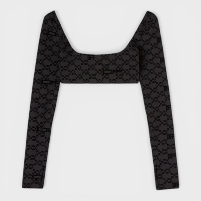 Flock Logo Monogram Langarm-Croptop Schwarz