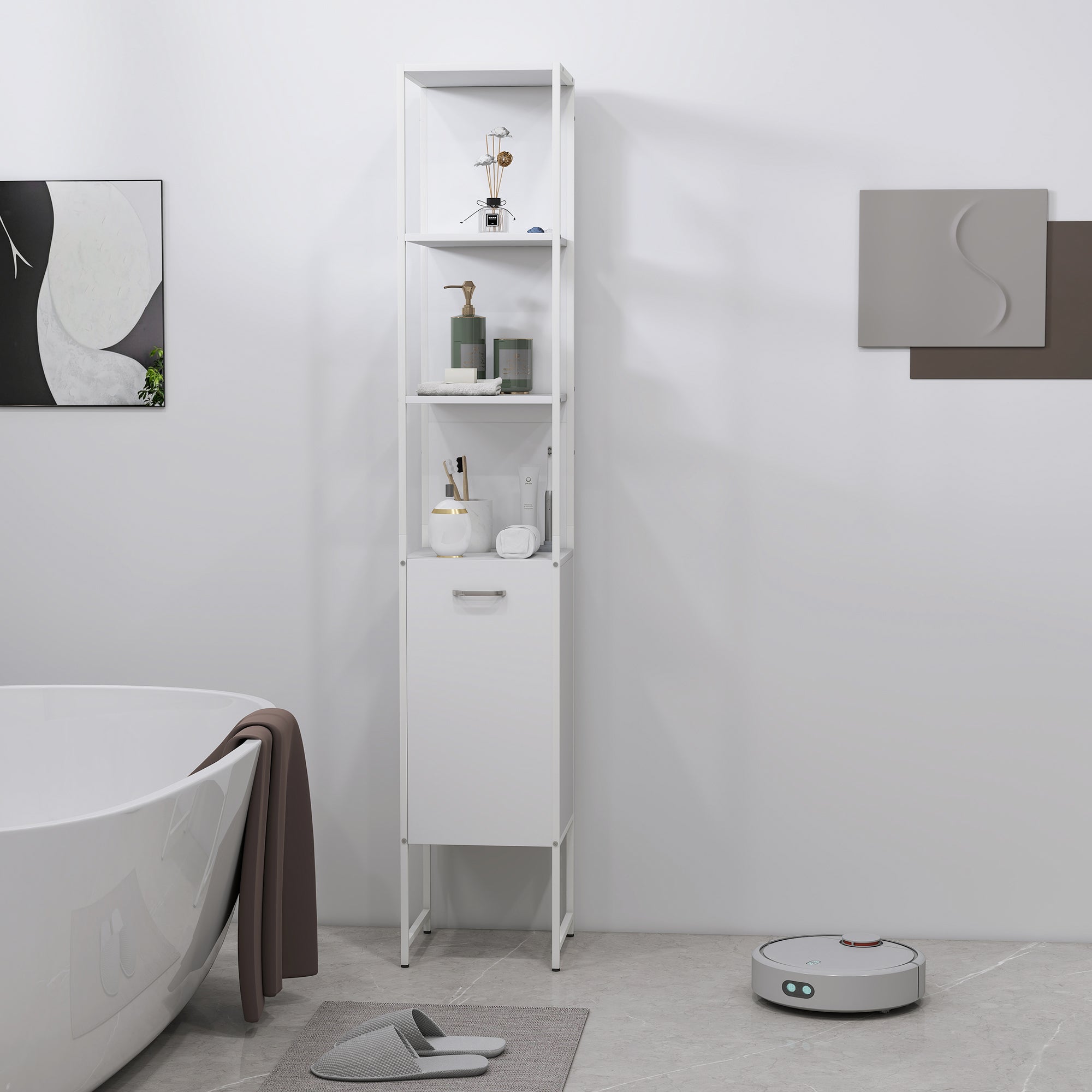 HOMCOM Tall Bathroom Cabinet with Open Shelves and Adjustable Shelf - White