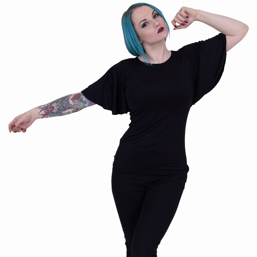 GOTHIC ELEGANCE - Boat Neck Bat Sleeve Top Black