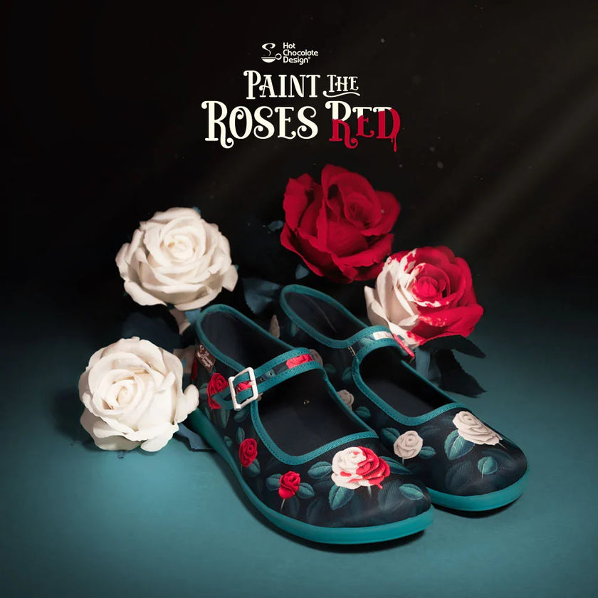 Chocolaticas® Paint the Roses Red - Gothic Floral Mary Jane Flats - Size UK 8.5 Left Only!