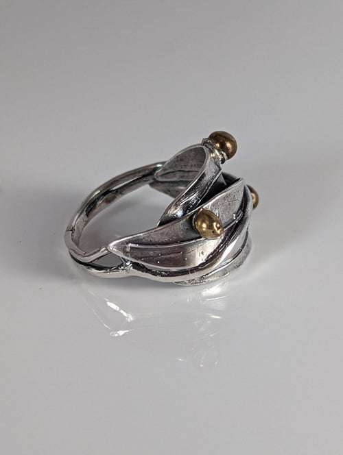 925 Silver Leaves Ring with Brass Buds – Artisan Silver Band Inspired by Nature