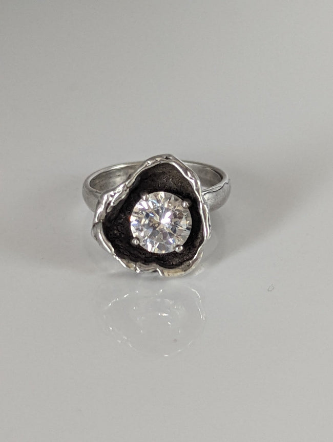 Silver Steed Large Zirconia in a Flower Silver Ring