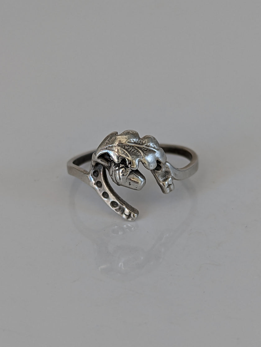 925 Silver Horseshoe, Acorn & Oak Leaf Ring – Symbolic Nature Gift