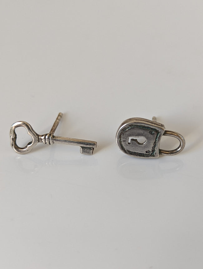 Silver Steed Lock and Key Stud Earrings