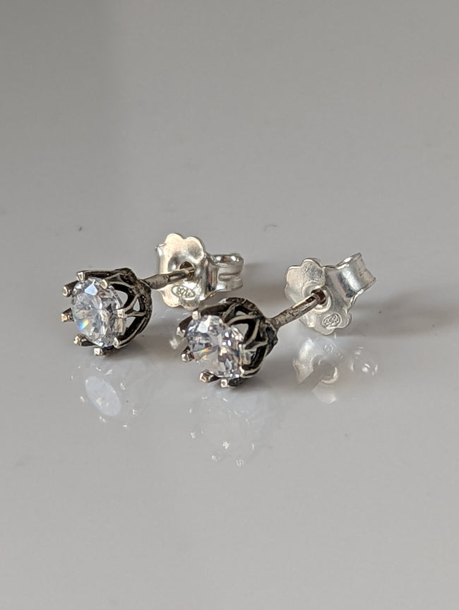 Silver Steed Crystal Crown Stud Earrings