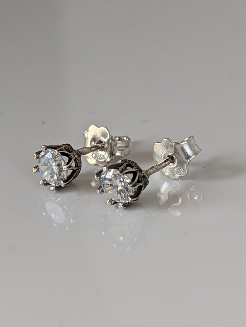Silver Steed Crystal Crown Stud Earrings