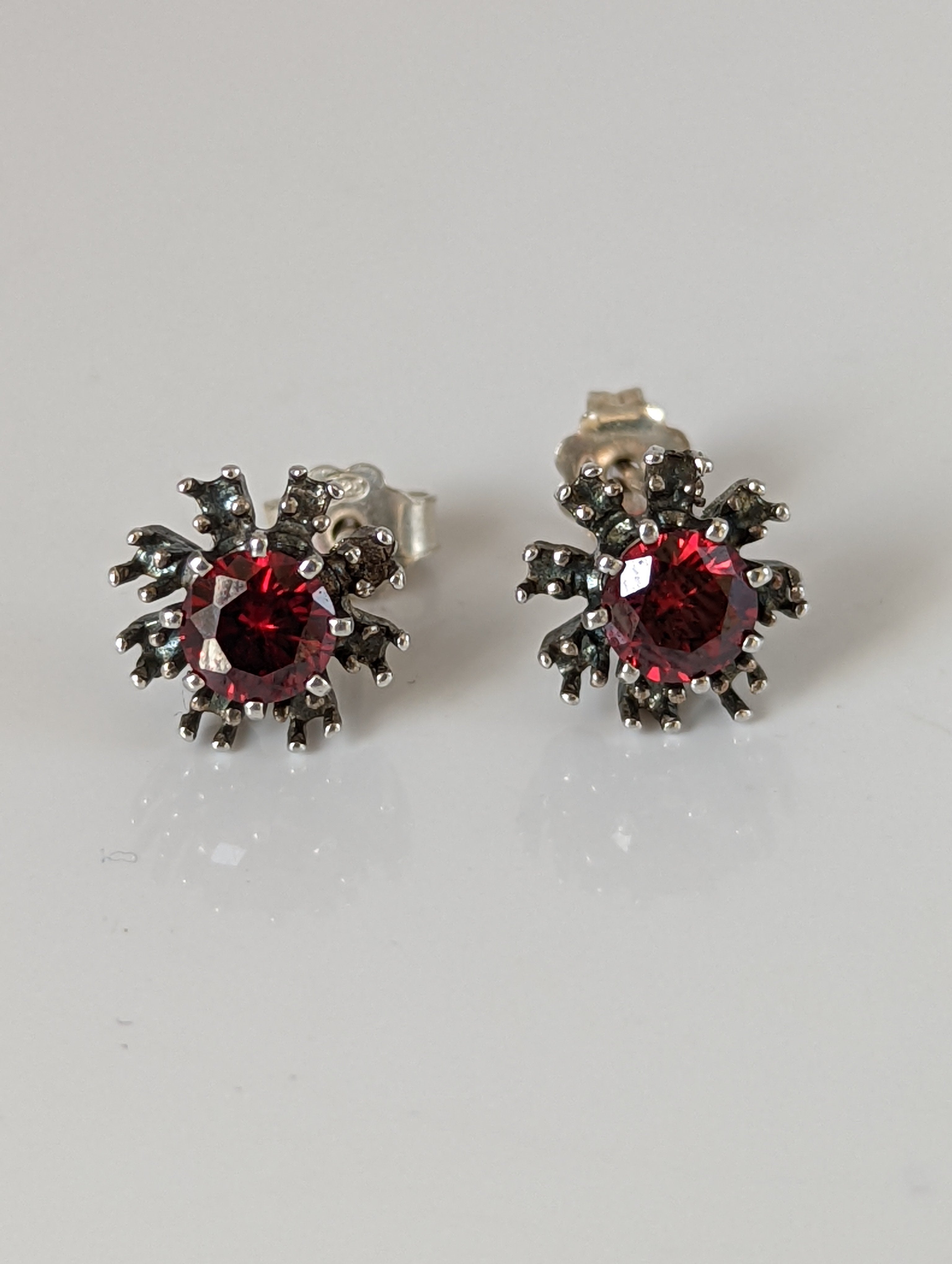 Silver Steed Red Crystal Sunflower Stud Earrings