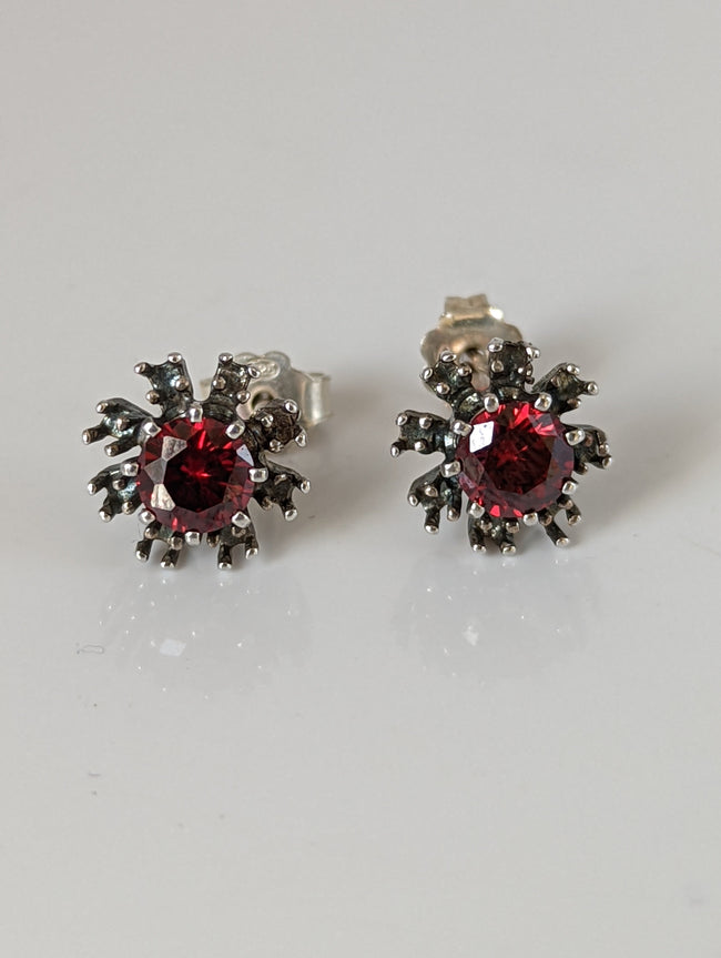 Silver Steed Red Crystal Sunflower Stud Earrings