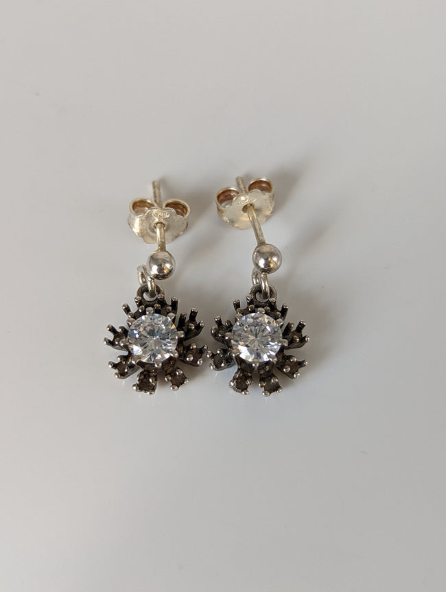 Silver Steed Dangling Crystal Sunflower Stud Earrings