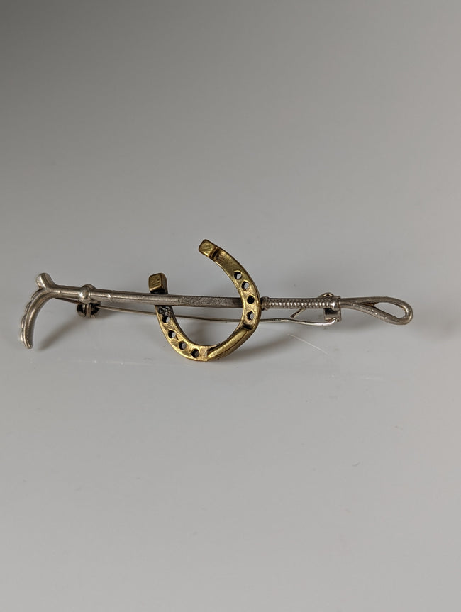 Silver Steed Shoe & Cane Gold Brooch / Stock Tie Pin