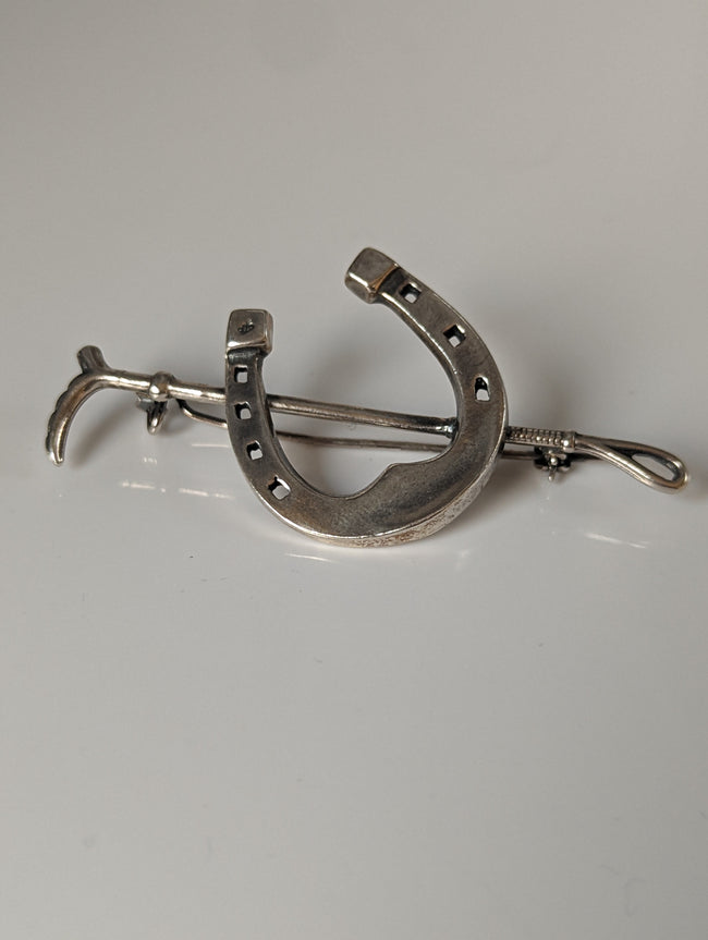 Silver Steed Large Horse Shoe & Cane Silver Brooch / Stock Tie Pin