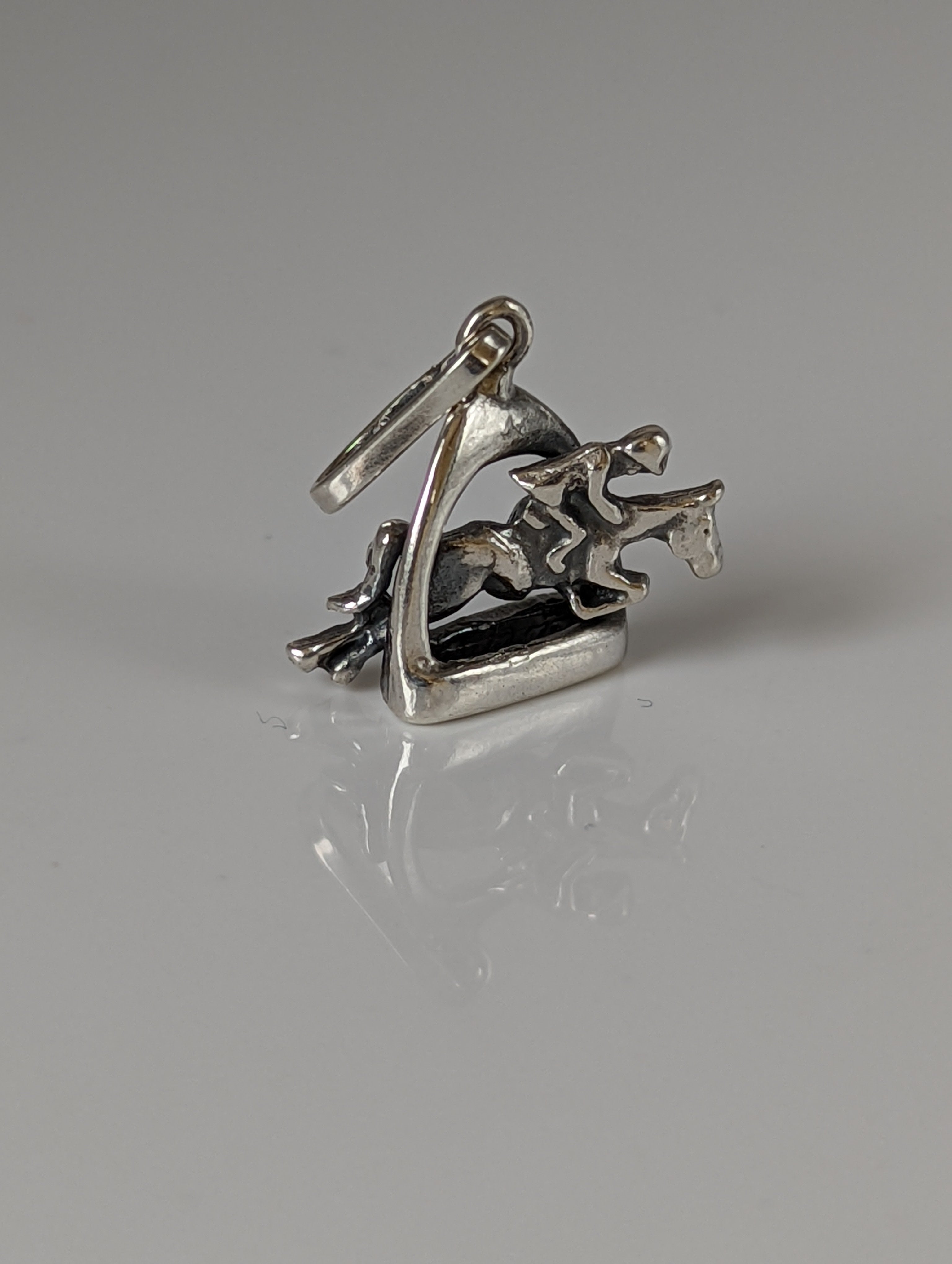 Silver Steed Jump Over a Stirrup, Stirrup & Jockey Silver Pendant