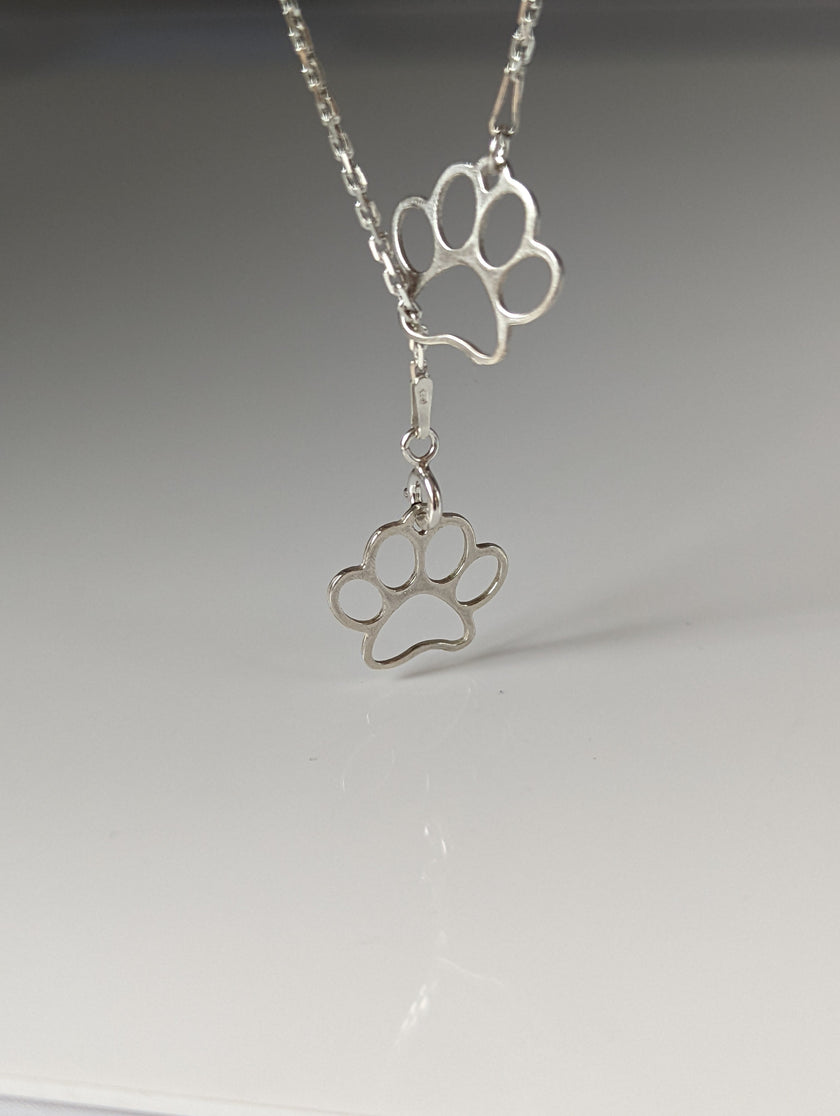 Silver Steed Thread Through Double Paw Print Silver Necklace