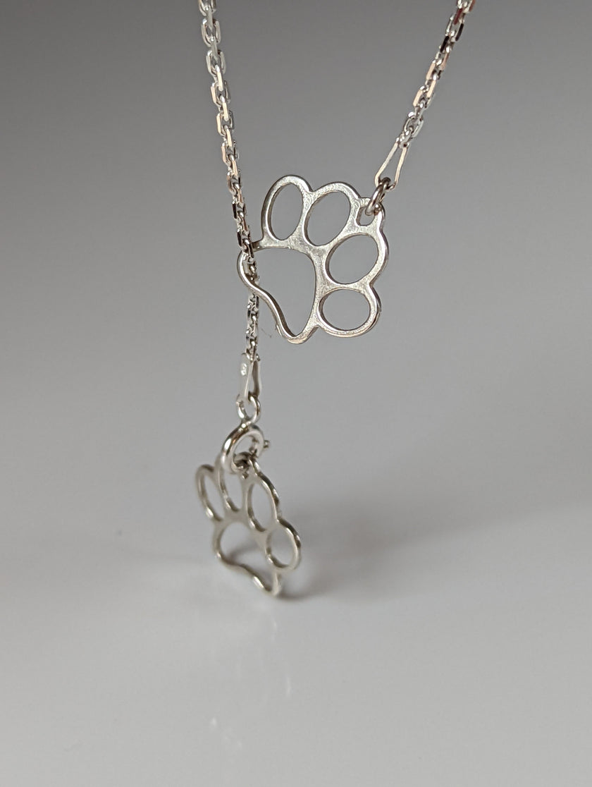 Silver Steed Thread Through Double Paw Print Silver Necklace