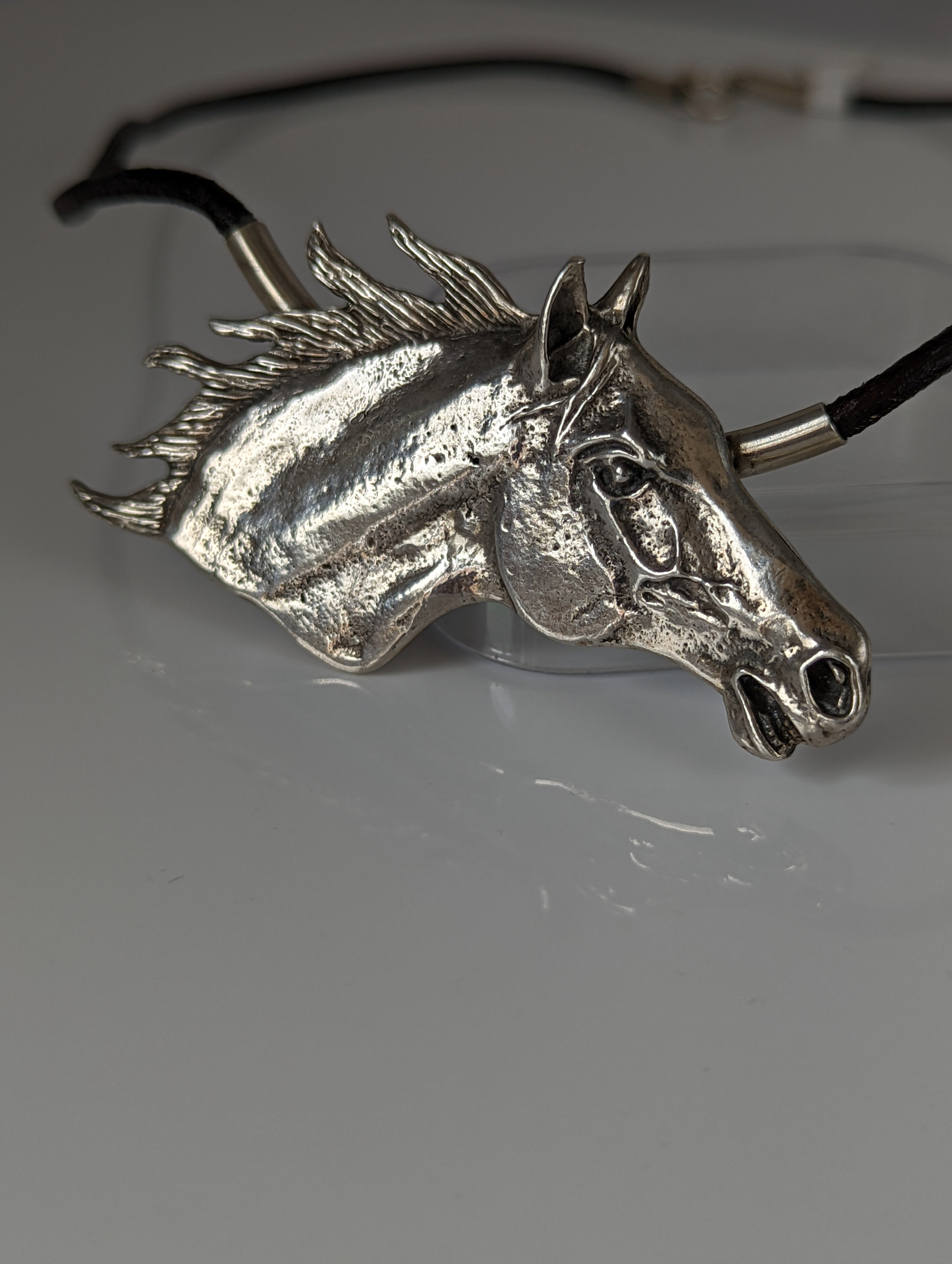 Silver Steed Large Horse Head on Leather Cord Necklace