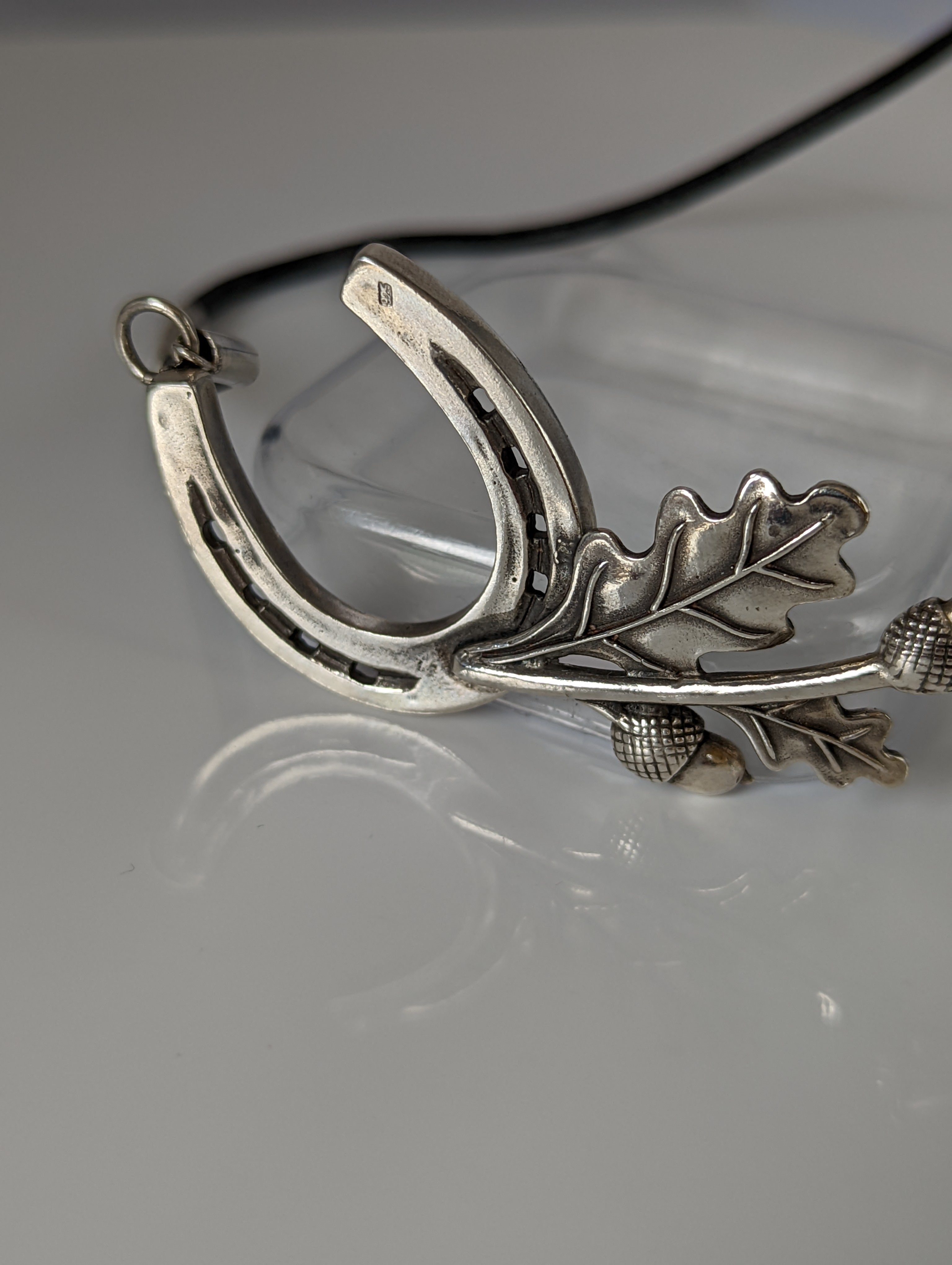 Silver Steed Big Horseshoe With Oak Leaves and Acorns On Cord Necklace