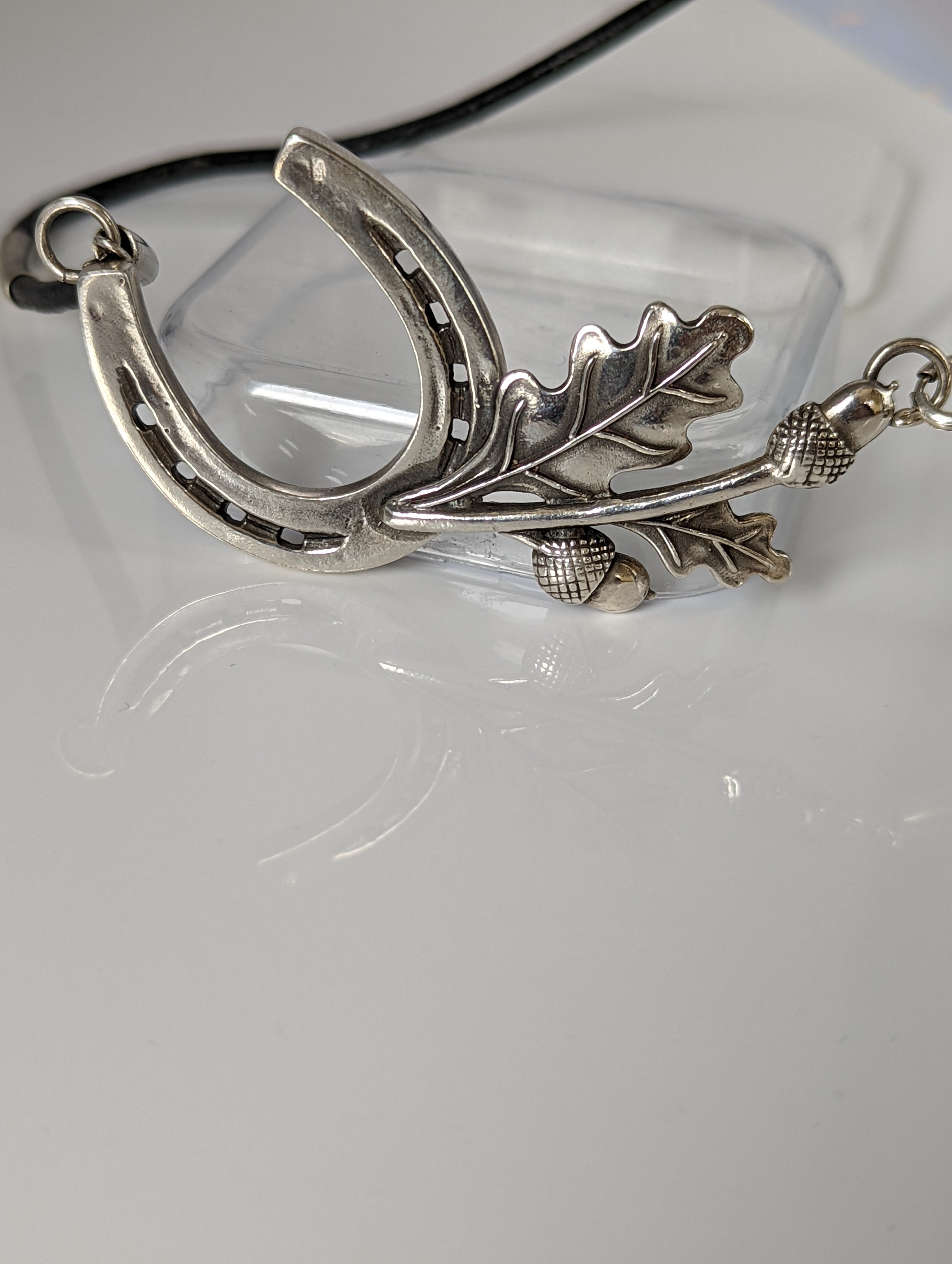 Silver Steed Big Horseshoe With Oak Leaves and Acorns On Cord Necklace