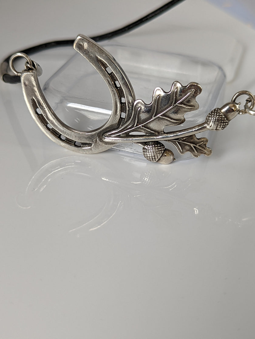 Silver Steed Big Horseshoe With Oak Leaves and Acorns On Cord Necklace