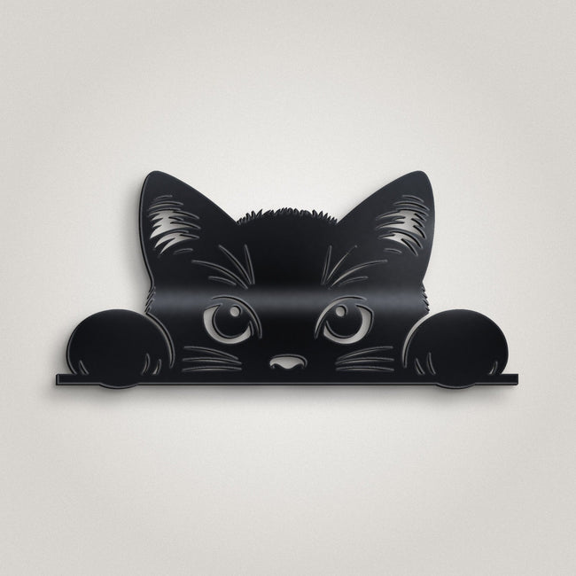 Peeking Cat Metal Wall Art – 30cm | Gloss Black Steel