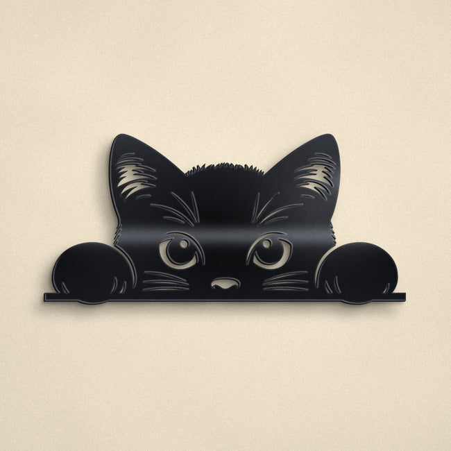 Peeking Cat Metal Wall Art – 30cm | Gloss Black Steel