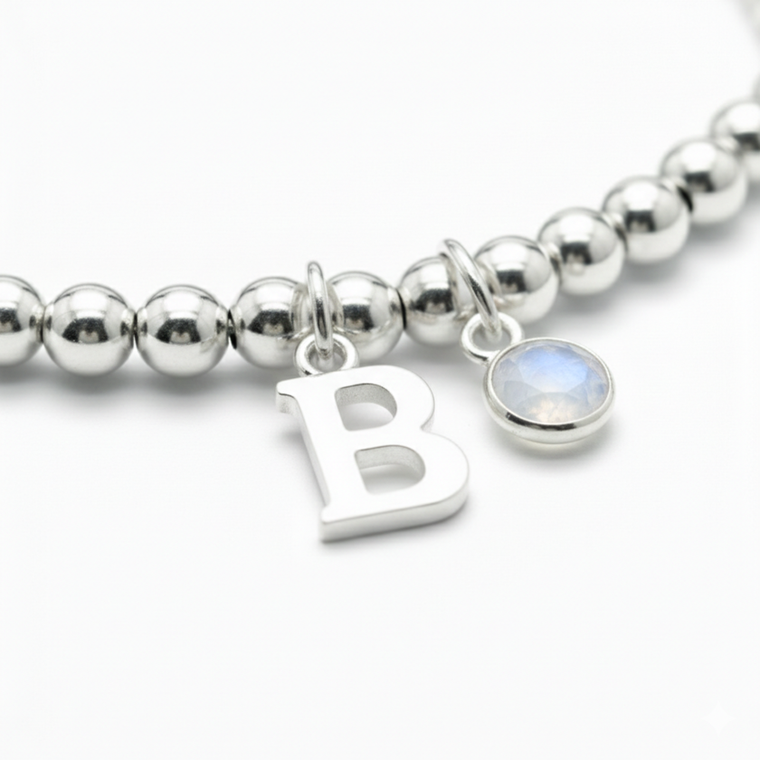 Personalised June Birthstone, Initial Letter & Moonstone Charm Bracelet