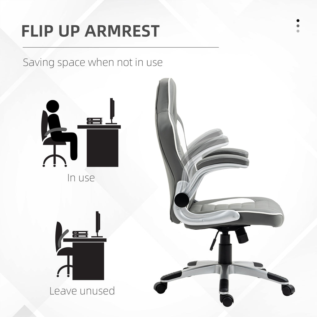 Vinsetto Computer Gaming Chair, Office Desk Swivel Chair, PU Leather Racing Chair with 90\'c2\'b0 Flip-up Armrest, Adjustable Height and Rolling Wheels, Grey