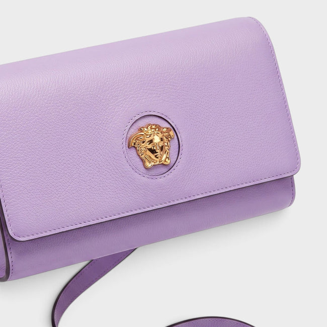 Sac portefeuille long sur bandoulière Medusa en cuir, doré et violet lilas