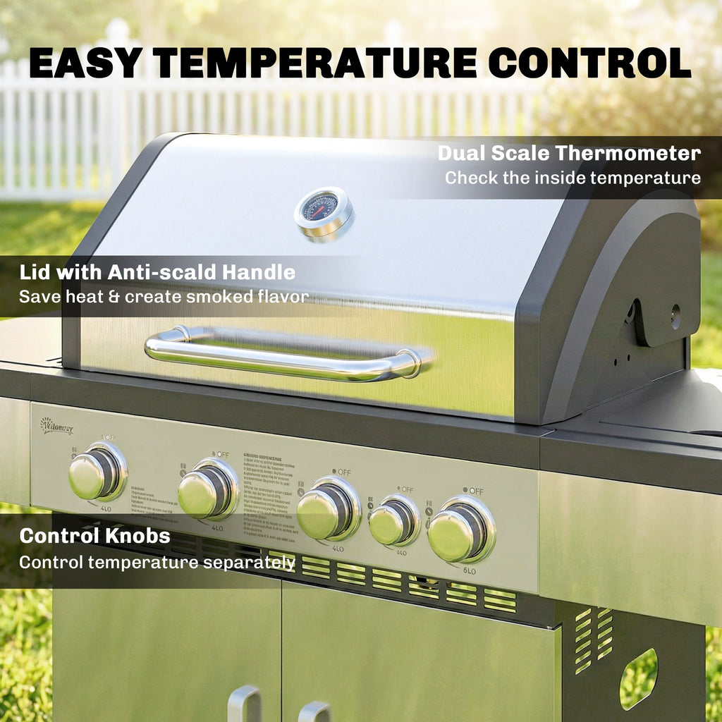Outsunny 4+1 Burner Gas BBQ Grill, Portable Gas Barbecue Grill with Side Burner, Warming Rack, Side Shelf, Storage Cabinet