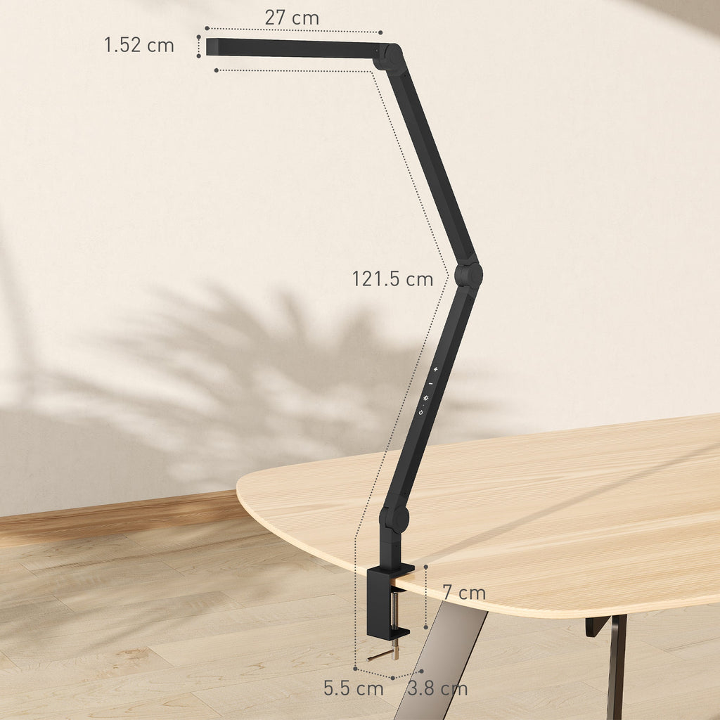 HOMCOM LED Desk Lamp, Dimmable Desk Light with Swing Arm and Clamp, Adjustable Eye-Caring Table Lamp with 2 Colour Modes & 5 Brightness Levels for Study, Drawing, Office, Architect, Task, Black