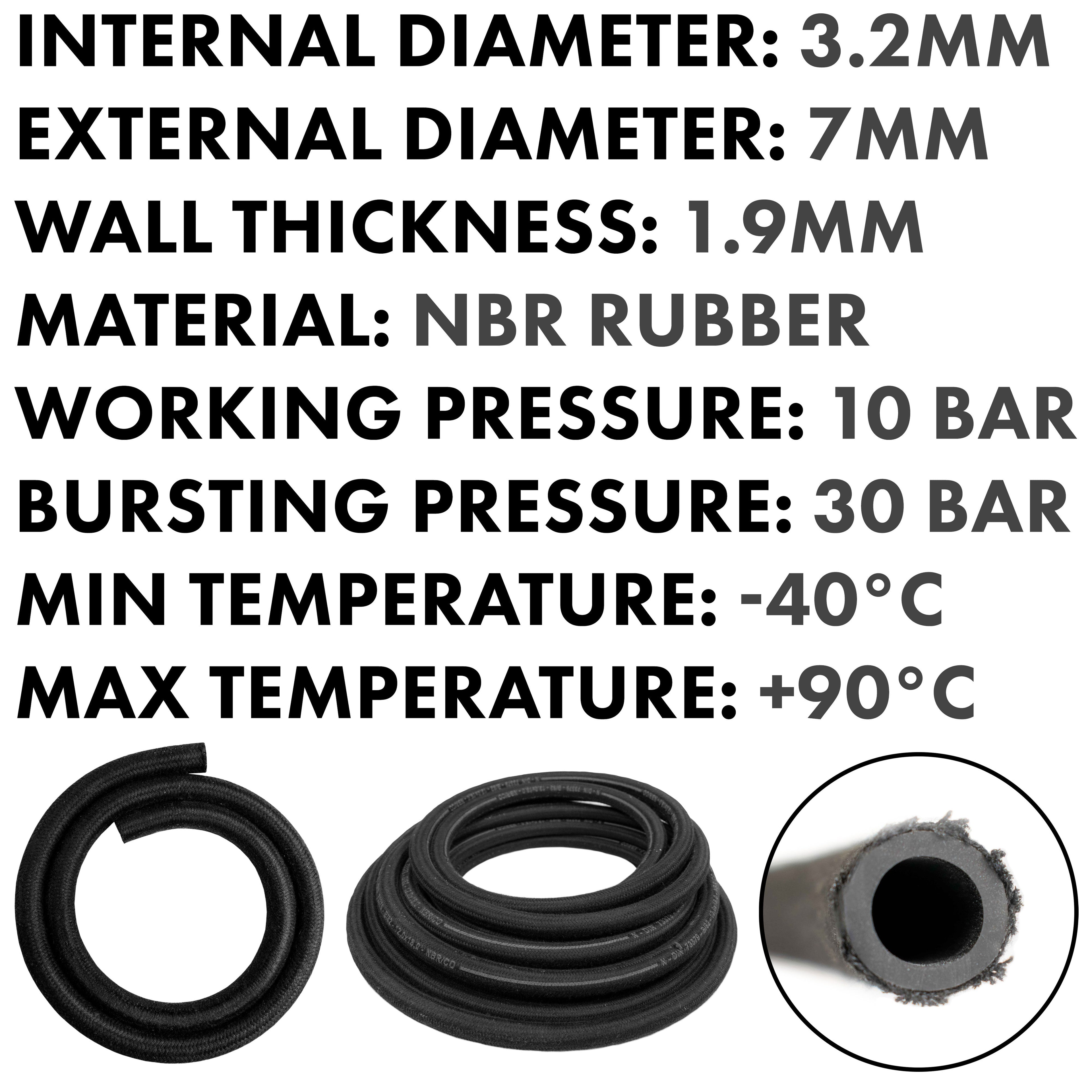 Rubber Reinforced with a Heat Resistant Textile Braid 3.2mm/7mm