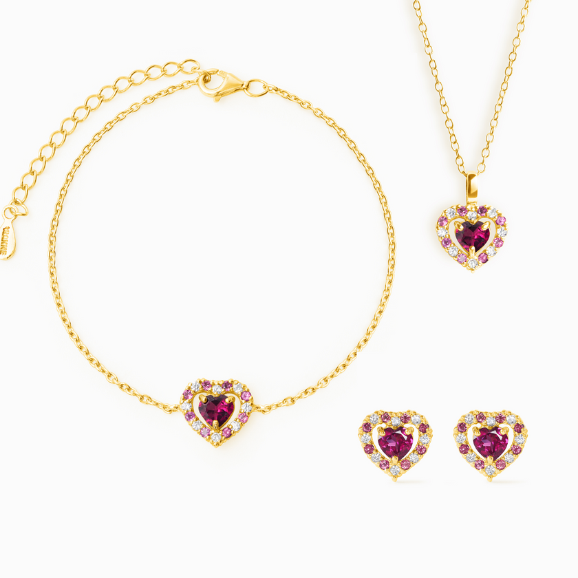 Rhodolith-Granat-Schmuckset „Rotes Herz“ in 18k vergoldetem Sterlingsilber
