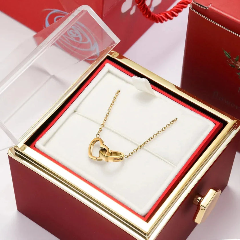 Regalo de San Valentín 2024 Personalizado para Mujer Collar de Acero con Doble Corazón Grabado con Nombre Caja de Rosa Eterna Anillo de Boda