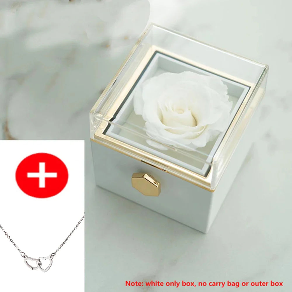 Regalo de San Valentín 2024 Personalizado para Mujer Collar de Acero con Doble Corazón Grabado con Nombre Caja de Rosa Eterna Anillo de Boda