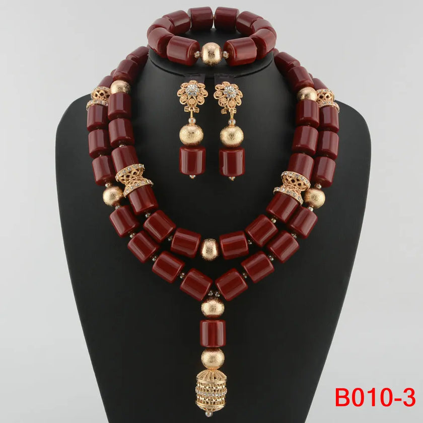Nigerian Bridal Coral Jewellery Set | Crystal Pillar Beads | Necklace, Earrings & Bracelet