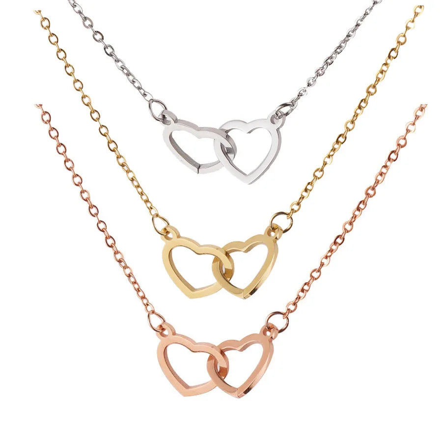 Regalo de San Valentín 2024 Personalizado para Mujer Collar de Acero con Doble Corazón Grabado con Nombre Caja de Rosa Eterna Anillo de Boda
