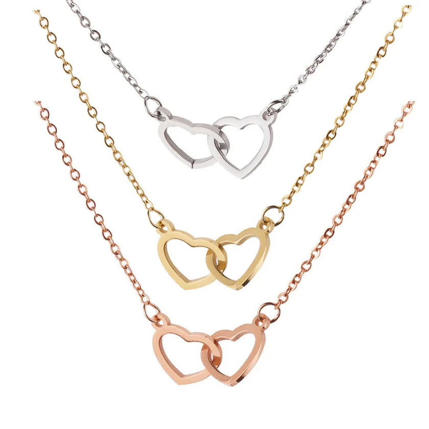Regalo de San Valentín 2024 Personalizado para Mujer Collar de Acero con Doble Corazón Grabado con Nombre Caja de Rosa Eterna Anillo de Boda