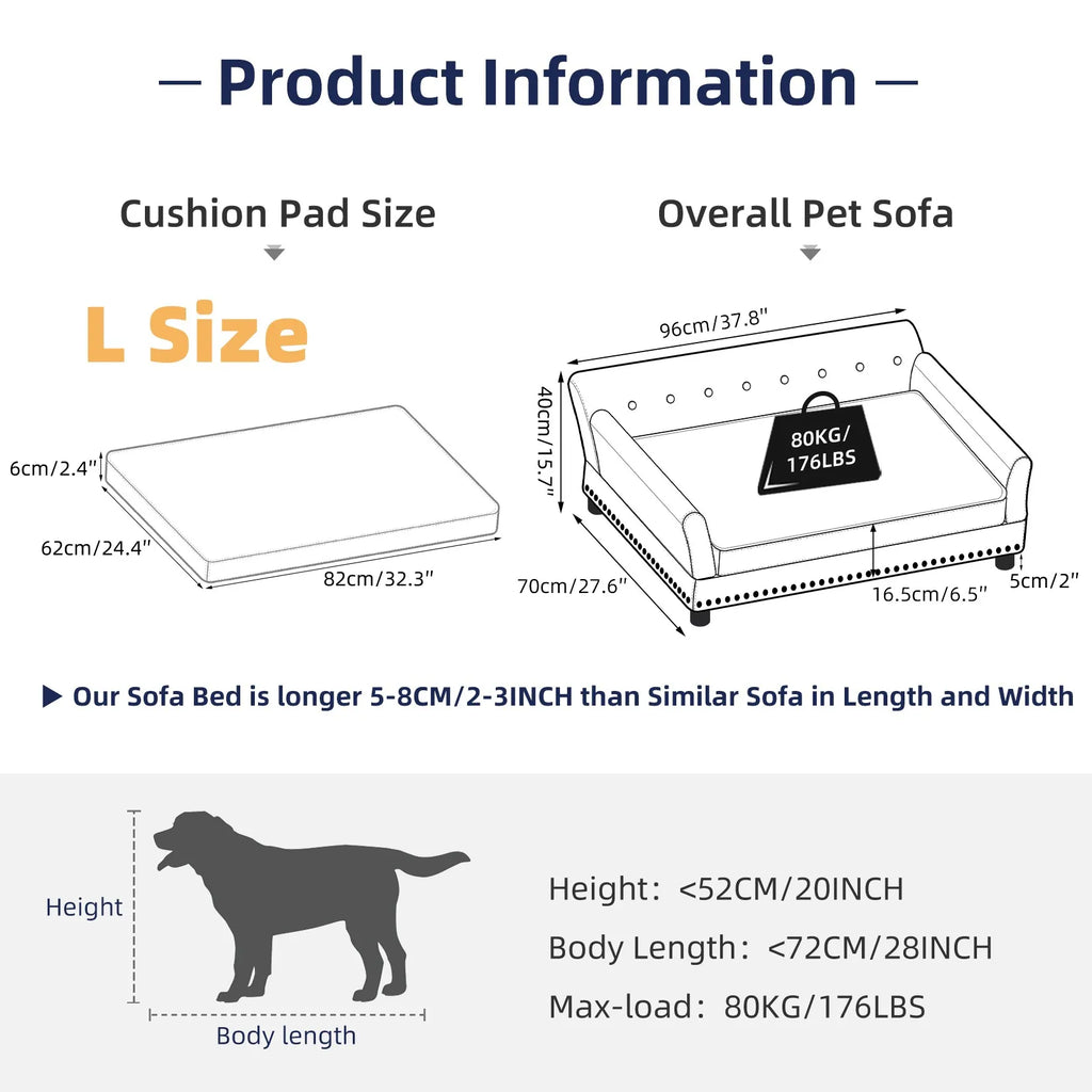 Dutch Velvet Upholstered Pet Lounge Chair, Dog Bed, Sofa, Couch Bed, Solid Wood Legs, Detachable Pad, Pet Supplies, L, XXL