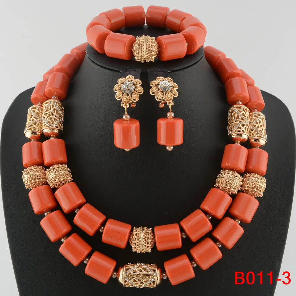 Nigerian Bridal Coral Jewellery Set | Crystal Pillar Beads | Necklace, Earrings & Bracelet