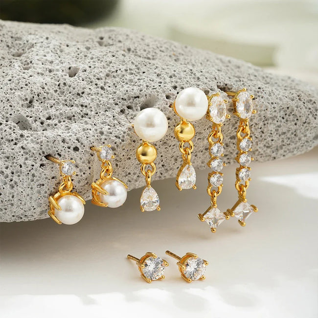 18K Gold Plated 4-Piece Pearl & Cubic Zirconia Stud Earring Set
