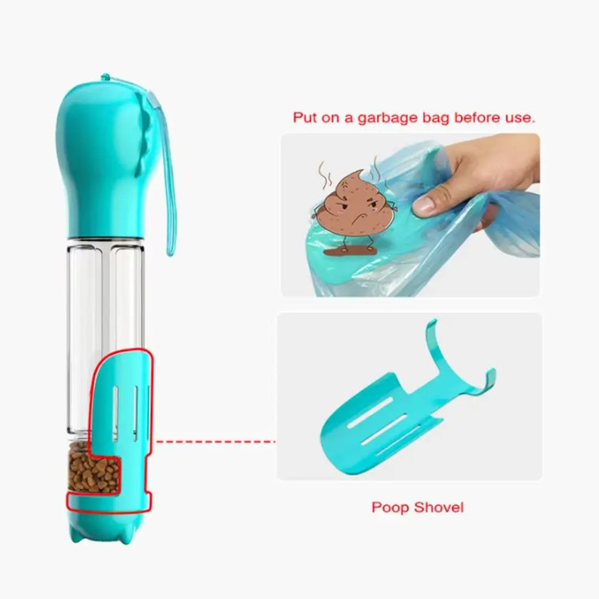 300/500ml Haustierwasser- und Futternapf 3-in-1 mit Müllbeutelbox und Schaufel, Haustier-Hundetrinkflasche, auslaufsicherer Hundefutterautomat