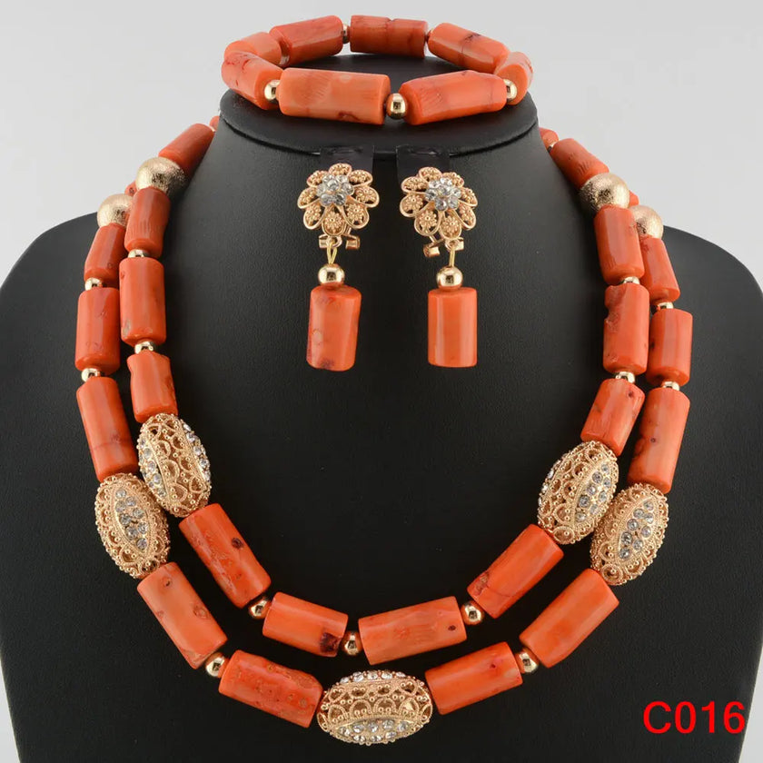 Nigerian Coral Jewellery Set | Necklace, Earrings & Bracelet | African Beads | Wedding