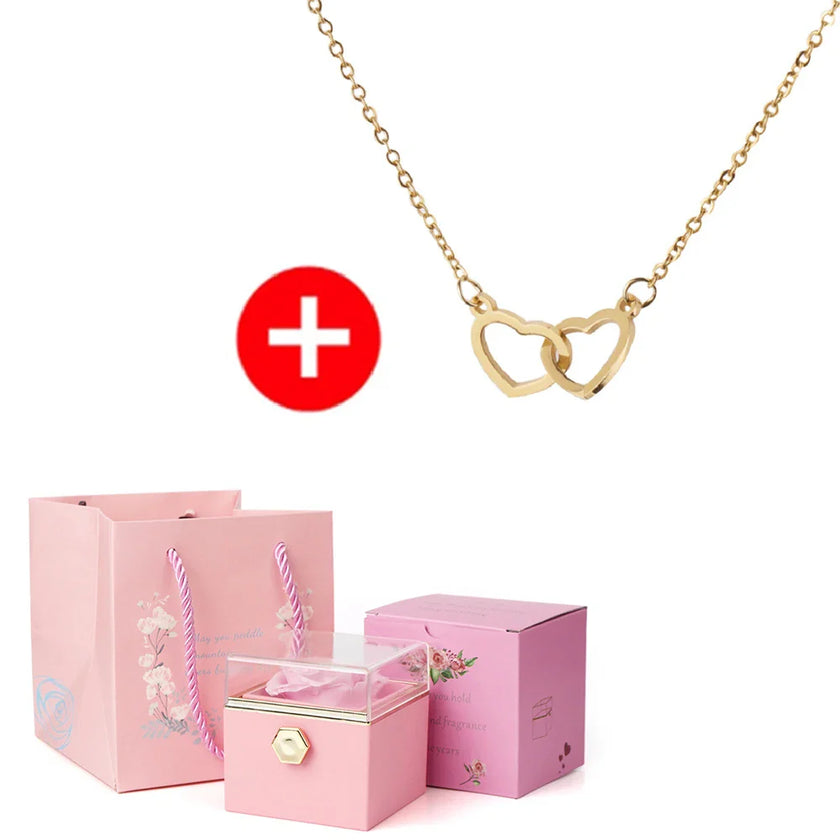 Regalo de San Valentín 2024 Personalizado para Mujer Collar de Acero con Doble Corazón Grabado con Nombre Caja de Rosa Eterna Anillo de Boda