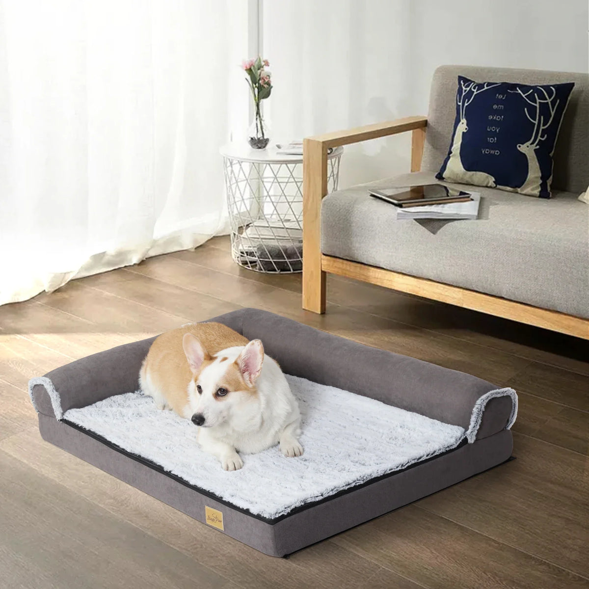 BigngoPaw Heavy Duty Dog Bed for Large Medium Super Soft L-shape Pet Calming Bed Chaise Sofa Kennel Mat w/ Removable Plush Cover